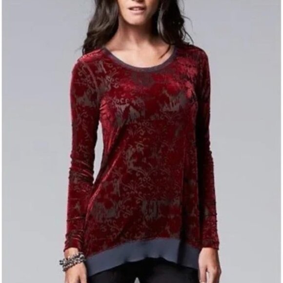 Vera Wang Burgundy Velvet Burnout Tunic Top Sz L Simply Vera Wimsigoth Whitchy - Picture 1 of 16